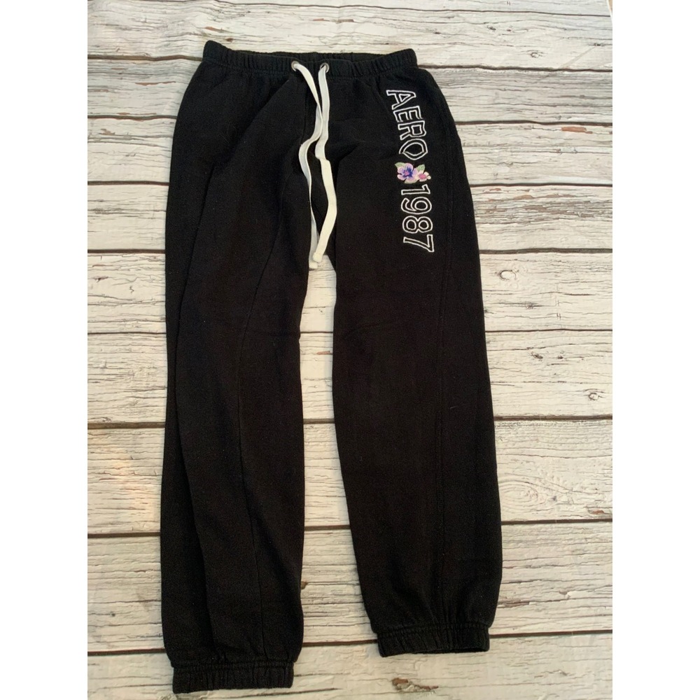 Aeropostale Womens Small Black Aero 1987 Floral Fleece Sweatpants Joggers Y2K